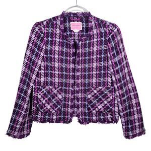 Kate Spade Jacket Blazer Womens Sz 2 Tweed Fringe Purple Plaid #NJMUB039